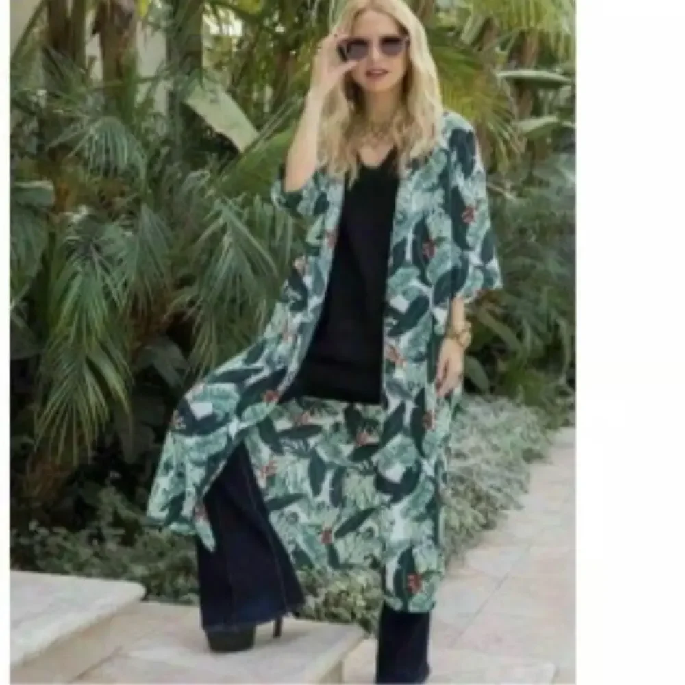Rachel Zoe Palm Print Caftan in Green and White One Size